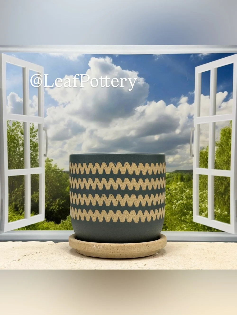 Dark Green Ceramic Planter with Attached Saucer & Drainage Hole